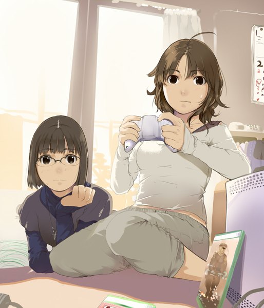 Anime picture 900x1050 with call of duty original kagematsuri tall image looking at viewer short hair black hair brown hair multiple girls ahoge black eyes girl 2 girls glasses window room xbox