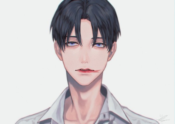 Anime picture 800x567 with original kurayoshi samu (sum) single looking at viewer fringe short hair blue eyes black hair simple background hair between eyes white background signed upper body parted lips lipstick portrait red lipstick lipstick mark boy shirt