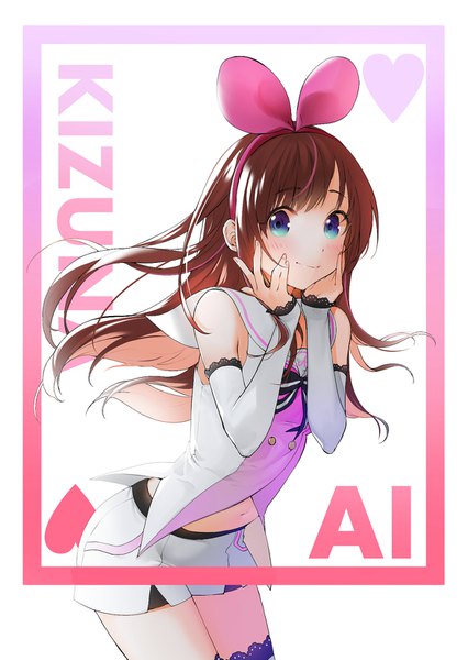 Anime picture 1169x1647 with virtual youtuber a.i. channel kizuna ai aruze single long hair tall image looking at viewer blush fringe blue eyes simple background smile brown hair standing multicolored hair leaning leaning forward streaked hair character names