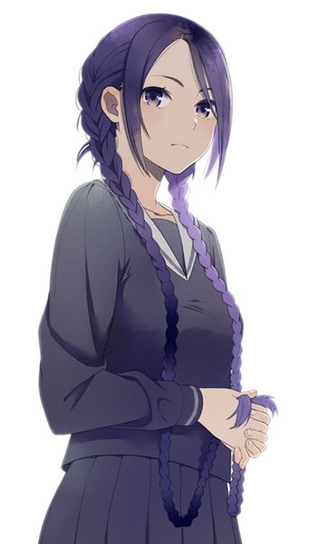 Anime picture 490x841 with original mattaku mousuke single long hair tall image looking at viewer blush simple background white background purple eyes holding payot purple hair upper body braid (braids) pleated skirt twin braids girl skirt uniform
