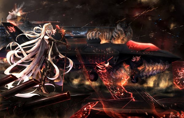 Anime picture 2026x1300 with kantai collection aircraft carrier hime bae.c single highres red eyes bare shoulders white hair very long hair shinkaisei-kan girl dress gloves weapon sword black gloves elbow gloves black dress thigh boots