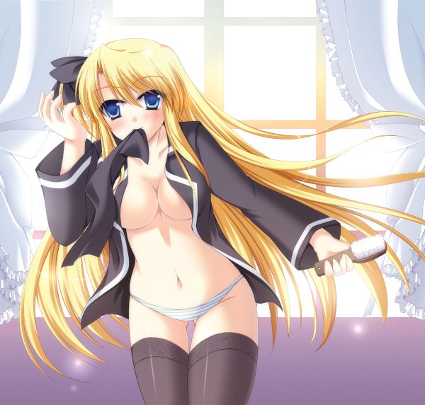 Anime picture 1200x1144 with quiz magic academy shalon suihi long hair blush breasts blue eyes light erotic blonde hair open clothes open shirt girl thighhighs underwear panties black thighhighs