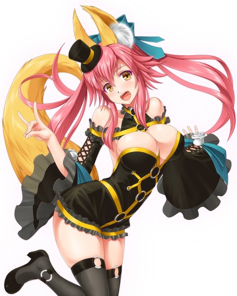Anime picture 700x875 with fate (series) fate/extra tamamo (fate) (all) tamamo no mae (fate) hammerman benkei single long hair tall image looking at viewer blush fringe breasts open mouth light erotic simple background large breasts white background twintails bare shoulders animal ears