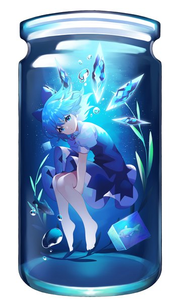 Anime picture 4016x6784 with touhou cirno yuujin (yuzinn333) single tall image looking at viewer highres short hair blue eyes simple background white background blue hair absurdres full body barefoot puffy sleeves in bottle girl bow hair bow