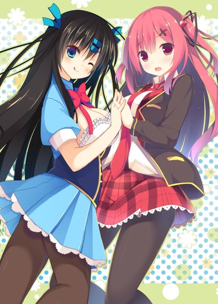Anime picture 1346x1878 with original megarisu long hair tall image looking at viewer blush open mouth blue eyes black hair smile red eyes multiple girls pink hair one eye closed wink holding hands girl dress skirt ribbon (ribbons)