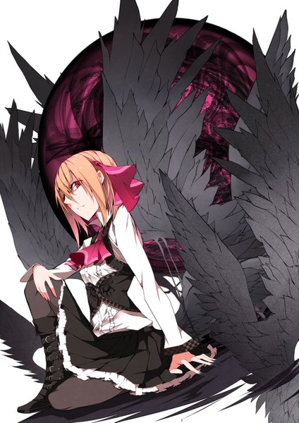 Anime picture 1000x1414 with touhou rumia ex-rumia karlwolf single tall image looking at viewer fringe short hair blonde hair hair between eyes red eyes sitting profile pleated skirt dutch angle black wings frilly skirt hand on knee girl
