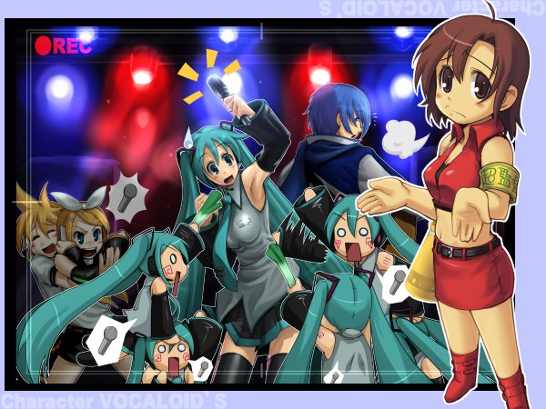 Anime picture 1200x900 with vocaloid hatsune miku kagamine rin kagamine len kaito (vocaloid) meiko hachune miku long hair short hair blonde hair brown hair twintails blue hair armpit (armpits) chibi o o shrug girl skirt microphone