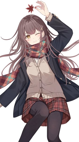 Anime picture 2160x3840 with original senri (senri sen) single long hair tall image looking at viewer blush fringe highres simple background hair between eyes brown hair white background holding yellow eyes pleated skirt one eye closed arm up plaid skirt girl