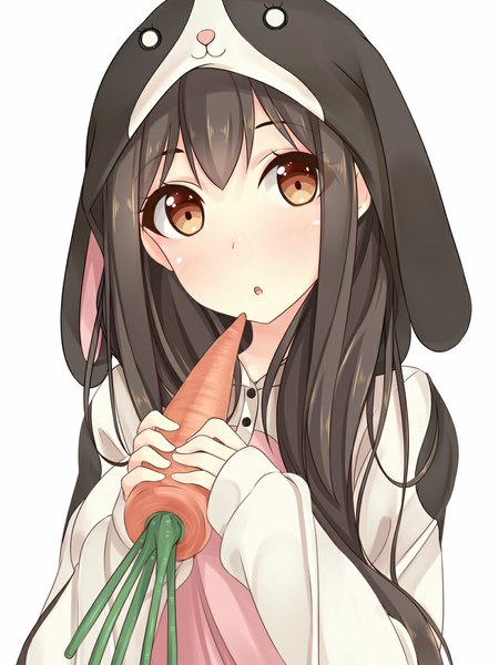 Anime picture 810x1080 with kantai collection akagi aircraft carrier hiiragi hajime single long hair tall image blush fringe black hair simple background white background holding brown eyes animal ears parted lips bunny ears close-up girl vegetables carrot