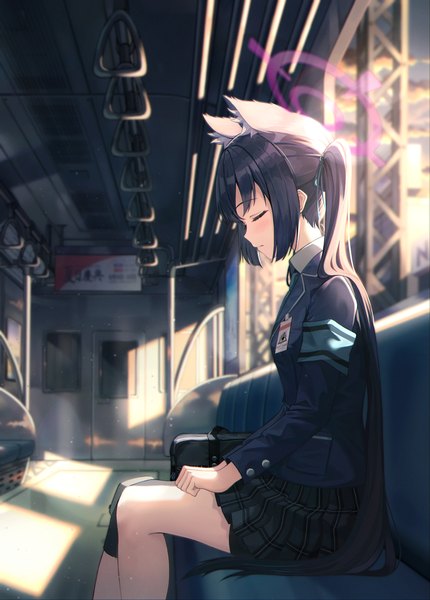 Anime picture 1500x2095 with blue archive serika (blue archive) bekkuro single long hair tall image fringe black hair sitting twintails animal ears eyes closed long sleeves head tilt profile pleated skirt sunlight cat ears depth of field plaid skirt