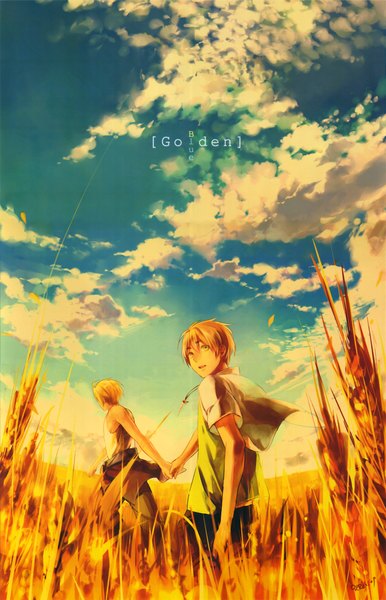 Anime picture 6391x9917 with axis powers hetalia studio deen united kingdom (hetalia) america (hetalia) coralstone tall image highres short hair open mouth blonde hair bare shoulders green eyes signed absurdres sky cloud (clouds) looking back from behind inscription multiple boys