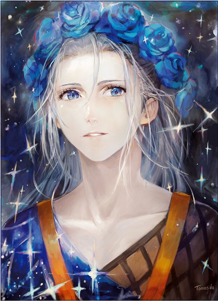 Anime picture 639x883 with yuri!!! on ice mappa viktor nikiforov tomape single long hair tall image fringe hair between eyes signed looking away upper body ponytail parted lips grey hair sparkle portrait alternate age younger boy