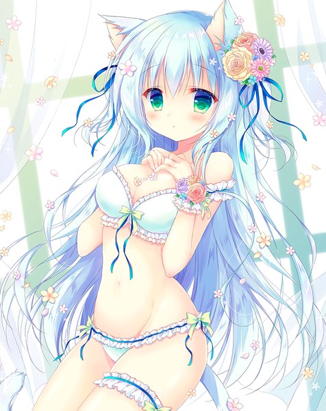 Anime picture 813x1025 with original hasekura chiaki single long hair tall image looking at viewer blush fringe breasts light erotic hair between eyes large breasts standing bare shoulders green eyes animal ears payot blue hair indoors tail