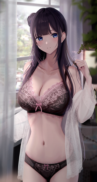 Anime picture 2307x4345 with original inaka 44 single long hair tall image looking at viewer blush fringe highres breasts blue eyes light erotic black hair large breasts standing cleavage parted lips off shoulder hair bun (hair buns) lace-trimmed bra