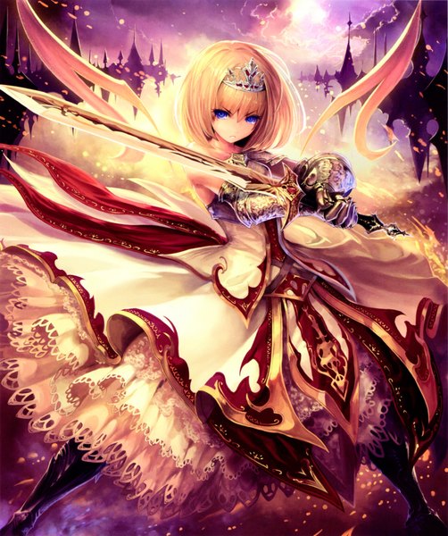 Anime picture 3671x4385 with shingeki no bahamut tachikawa mushimaro (bimo) single tall image looking at viewer highres short hair blue eyes blonde hair absurdres scan girl dress weapon sword armor tiara