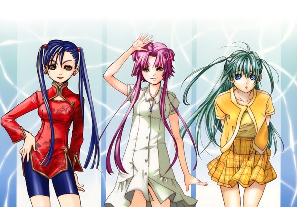 Anime picture 7000x4881 with aria mizunashi akari alice carroll aika s granzchesta amano kozue long hair highres blue eyes smile twintails multiple girls brown eyes green eyes blue hair pink hair absurdres green hair two side up girl 3 girls