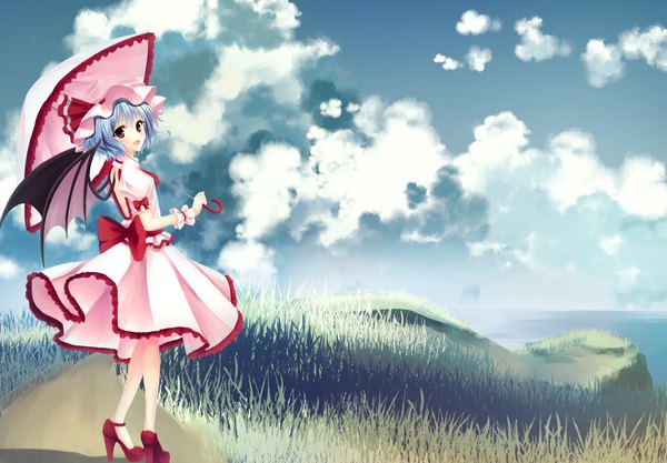 Anime picture 2300x1600 with touhou remilia scarlet junior27016 single blush highres short hair open mouth red eyes blue hair sky cloud (clouds) girl dress skirt bow wings frills umbrella bonnet