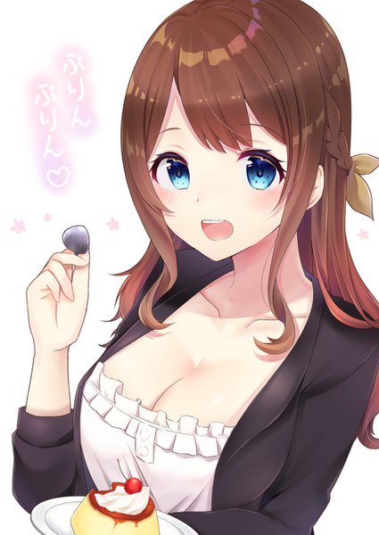 Anime picture 1000x1412 with ryuuou no oshigoto! rokuroba tamayo gyozanuko single long hair tall image blush breasts open mouth blue eyes simple background brown hair large breasts white background cleavage upper body :d inscription half updo girl