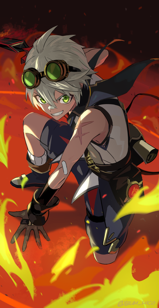 Anime picture 542x1050 with genshin impact bennett (genshin impact) bum hico single tall image fringe short hair smile hair between eyes green eyes silver hair from above grin scar squat goggles on head bandaid on nose boy gloves weapon