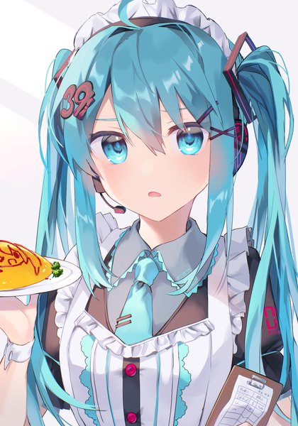 Anime picture 2100x3000 with vocaloid hatsune miku kurobikari single long hair tall image looking at viewer fringe highres blue eyes hair between eyes twintails blue hair upper body ahoge 39 girl hair ornament necktie food