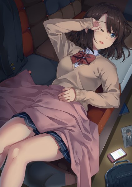 Anime picture 1413x2000 with original unasaka ryou single tall image blush fringe short hair open mouth brown hair looking away indoors lying pleated skirt one eye closed from above black eyes on back tears crying girl
