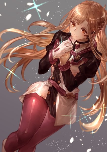 Anime picture 1416x2006 with sword art online a-1 pictures yuuki asuna signo aaa single long hair tall image blush simple background smile brown hair looking away bent knee (knees) braid (braids) blurry grey background sparkle orange eyes floating hair side braid