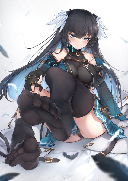 Anime picture 955x1351 with original yue ying jin feng single long hair tall image looking at viewer fringe breasts blue eyes light erotic black hair hair between eyes large breasts sitting bare shoulders pleated skirt multicolored hair arm support pantyshot no shoes