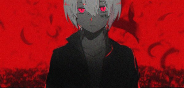 Anime picture 1200x576 with nico nico singer mafumafu kanose single looking at viewer fringe short hair hair between eyes red eyes wide image monochrome red background expressionless spot color boy barcode