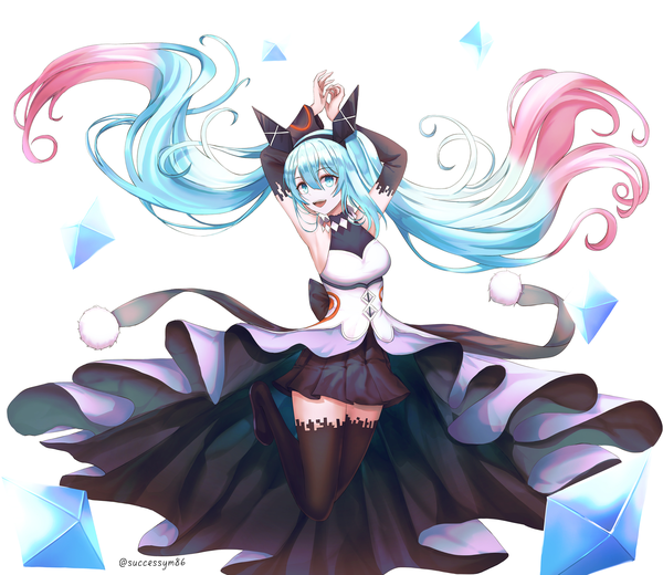 Anime-Bild 2000x1736 mit 7th dragon vocaloid hatsune miku kottungyang single long hair looking at viewer fringe highres open mouth simple background smile hair between eyes white background twintails signed full body :d pleated skirt multicolored hair