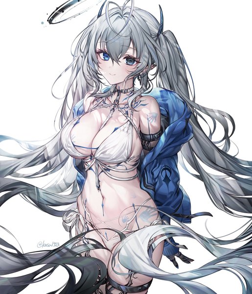 Anime picture 1217x1418 with original komeshiro kasu single tall image looking at viewer fringe breasts blue eyes light erotic simple background smile hair between eyes large breasts standing white background twintails signed ahoge very long hair pointy ears