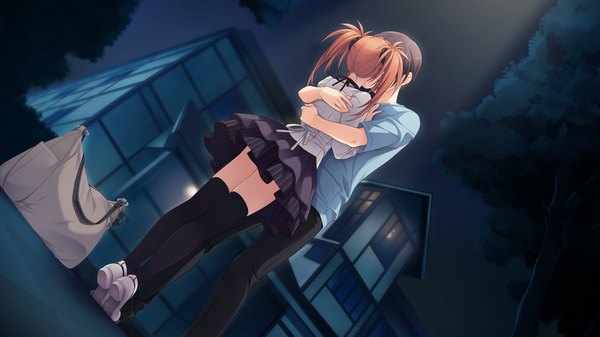 Anime picture 1920x1080 with imouto no katachi sumeragi ayaka long hair highres short hair black hair wide image twintails game cg orange hair couple kiss girl thighhighs dress boy black thighhighs