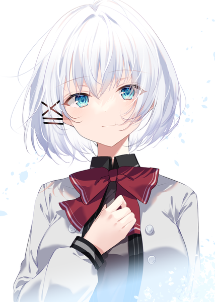 Anime picture 700x984 with tantei wa mou shindeiru siesta (tantei wa mou shindeiru) myusha single tall image looking at viewer fringe short hair blue eyes simple background hair between eyes white background upper body white hair light smile hand on chest girl uniform hair ornament school uniform