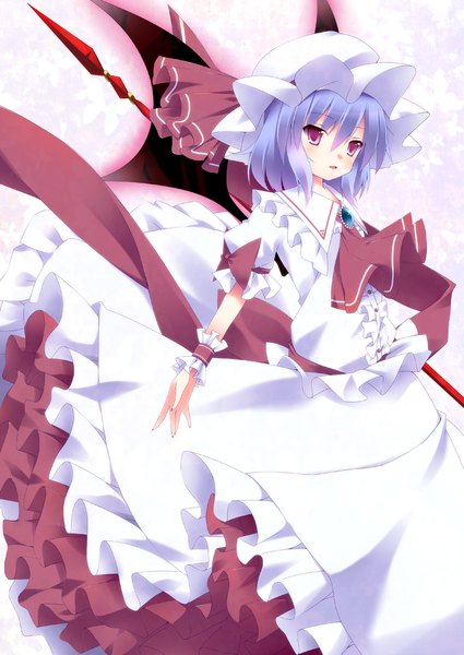 Anime picture 1100x1554 with touhou remilia scarlet kurono yuzuko single tall image short hair red eyes blue hair girl dress wings wrist cuffs bonnet