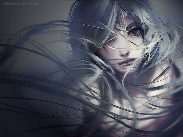 Anime picture 1000x750 with original yuumei single long hair looking at viewer fringe aqua eyes from above lips hair over one eye aqua hair close-up face girl