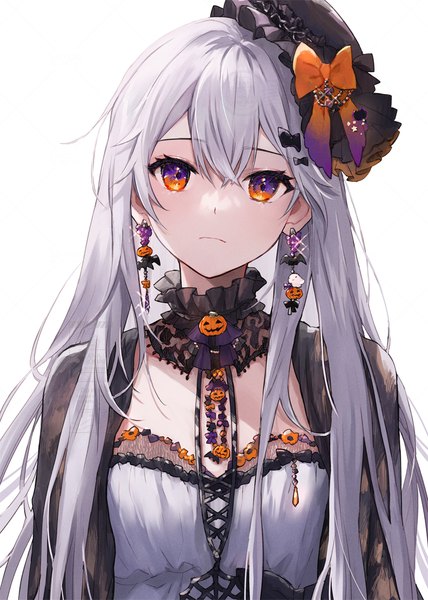 Anime picture 800x1122 with original shiromine kana single long hair tall image looking at viewer fringe simple background hair between eyes white background silver hair upper body head tilt sparkle orange eyes halloween girl hat earrings