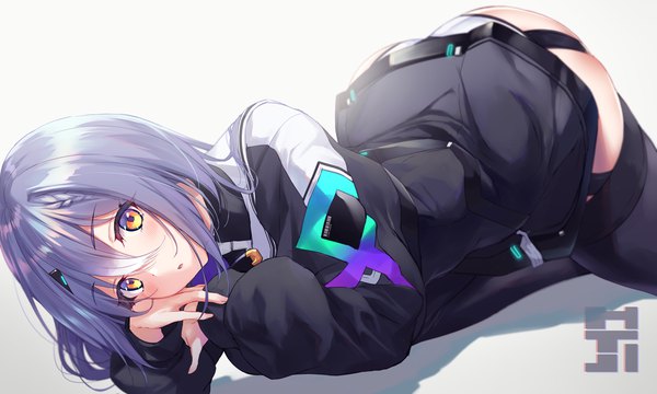 Anime picture 1800x1080 with virtual youtuber icetea etra fukai ryosuke single looking at viewer blush fringe highres short hair open mouth light erotic simple background wide image yellow eyes purple hair bent knee (knees) ass braid (braids) long sleeves