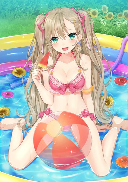 Anime picture 960x1358 with original moe2018 komazuki (komaworks240) single long hair tall image looking at viewer blush fringe breasts open mouth light erotic smile hair between eyes brown hair sitting bare shoulders holding payot full body