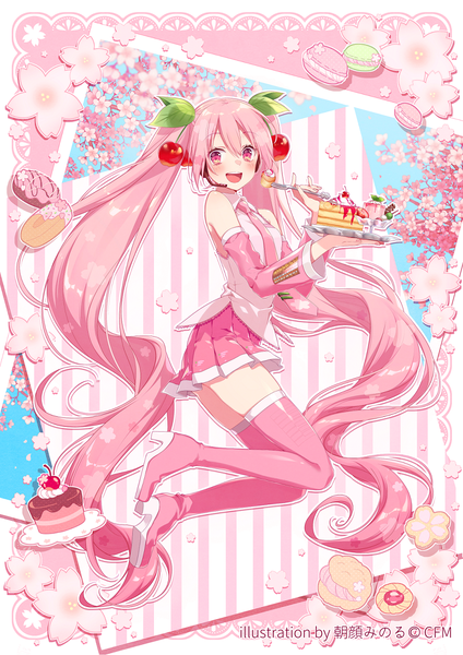 Anime picture 927x1311 with vocaloid hatsune miku sakura miku asagao minoru single tall image looking at viewer blush fringe open mouth smile hair between eyes twintails bare shoulders holding signed payot pink hair full body bent knee (knees)