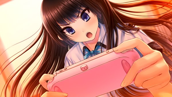 Anime picture 1280x720 with ayame no machi to ohimesama kazuharu kina single long hair open mouth blue eyes black hair wide image game cg teeth evening sunset angry playing games girl uniform school uniform shirt serafuku playstation vita