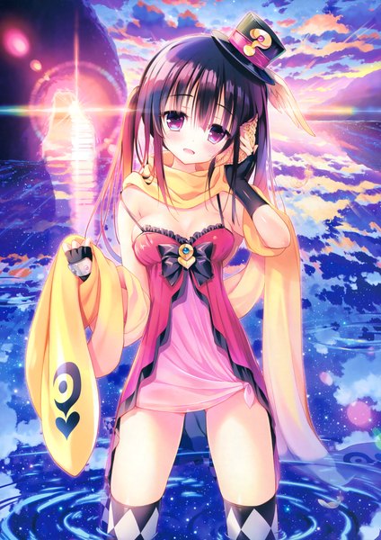 Anime picture 2773x3925 with original yabuki kentarou single long hair tall image looking at viewer blush highres open mouth light erotic purple eyes sky purple hair cloud (clouds) scan lens flare girl thighhighs dress gloves