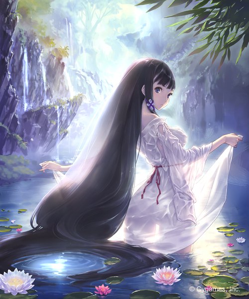 Anime picture 1000x1200 with original hisakata souji single tall image fringe breasts blue eyes light erotic black hair standing payot looking away outdoors very long hair looking back wet clothes rock waterfall girl hair ornament