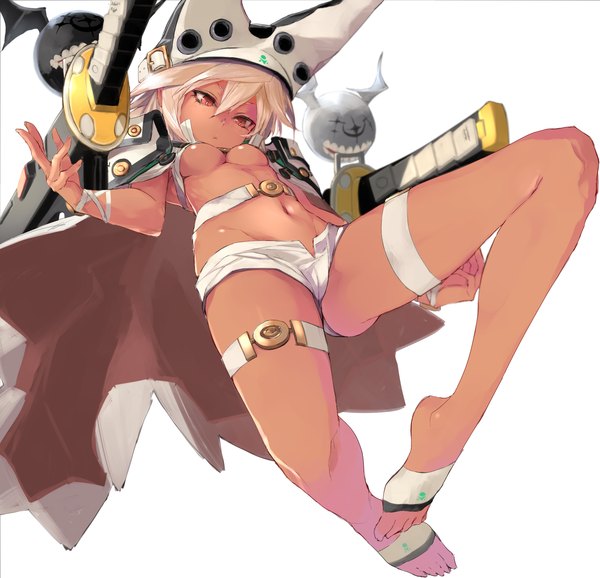 Anime picture 1936x1868 with guilty gear guilty gear xrd ramlethal valentine kumonji aruto single highres short hair breasts light erotic simple background red eyes white background dark skin underboob looking down girl navel weapon hat sword