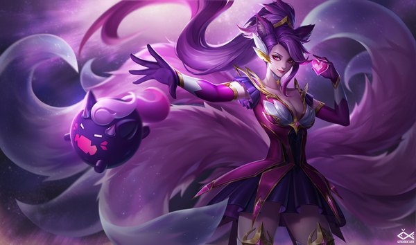 Anime picture 1920x1133 with league of legends ahri (league of legends) gu-ko citemer long hair highres breasts smile wide image signed cleavage purple hair ponytail tail animal tail pink eyes alternate costume zettai ryouiki fox tail fox girl multiple tails