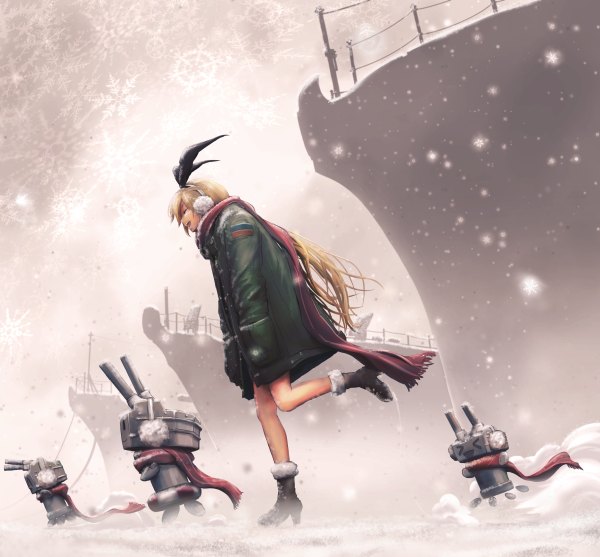 Anime picture 1200x1114 with kantai collection shimakaze destroyer rensouhou-chan pandarou single long hair open mouth blonde hair eyes closed alternate costume snowing winter snow hands in pockets > < girl bow weapon hair bow jacket