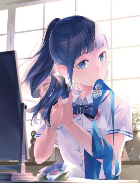 Anime picture 1073x1400 with virtual youtuber aoi ch. fuji aoi sousou (sousouworks) single long hair tall image looking at viewer fringe blue eyes sitting holding payot blue hair ponytail indoors blunt bangs sunlight mouth hold adjusting hair