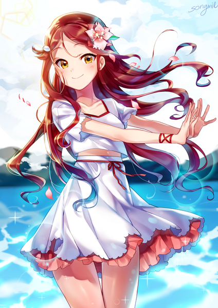 Anime picture 700x990 with love live! sunshine!! sunrise (studio) love live! sakurauchi riko songmil single long hair tall image looking at viewer blush fringe smile standing signed yellow eyes sky cloud (clouds) outdoors red hair hair flower