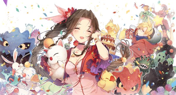 Anime picture 1852x1000 with final fantasy final fantasy vii square enix aerith gainsborough cloud strife moogle chocobo sabotender cactuar tonberry bomb (final fantasy) malboro kieta long hair looking at viewer blush fringe highres short hair open mouth