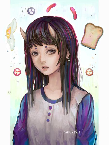 Anime picture 1024x1359 with original mirukawa single long hair tall image looking at viewer fringe black hair simple background signed pink hair parted lips multicolored hair horn (horns) lips grey eyes streaked hair oni horns girl earrings