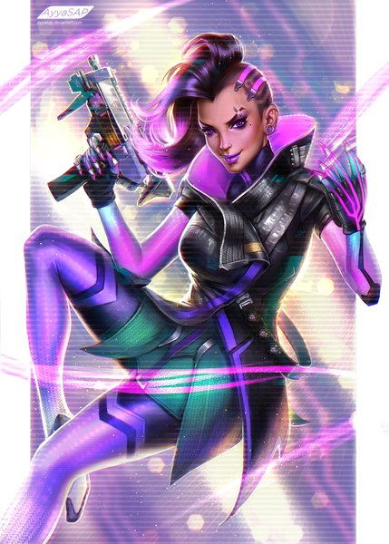 Anime picture 1463x2048 with overwatch blizzard entertainment sombra (overwatch) ayyasap single long hair tall image looking at viewer black hair smile purple eyes holding signed purple hair bent knee (knees) realistic mole mole under eye lipstick piercing