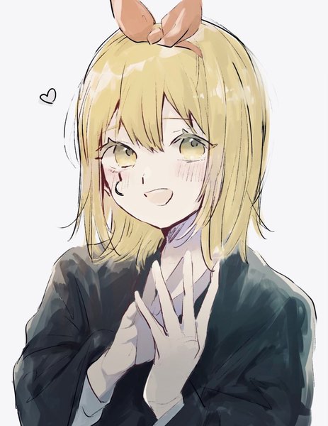 Anime picture 791x1024 with mashle a-1 pictures lemon irvine kore honmono single tall image blush fringe short hair open mouth simple background blonde hair hair between eyes white background yellow eyes upper body :d fingers together girl ribbon (ribbons)